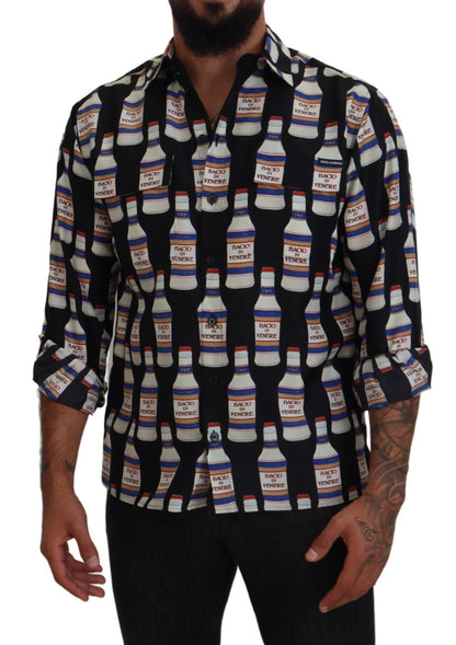Dolce &amp;amp; Gabbana Svart Sidenmönstrad Krage Herrskjorta Casual