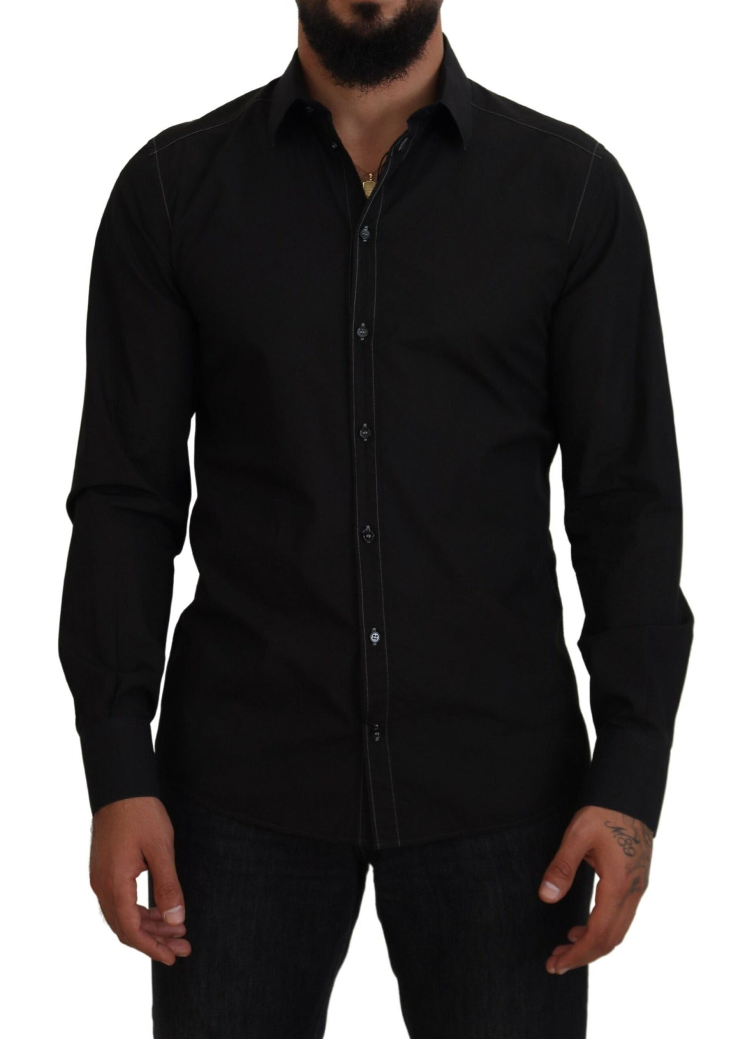 Dolce &amp; Gabbana Black Cotton Collared Long Sleeve GOLD Shirt