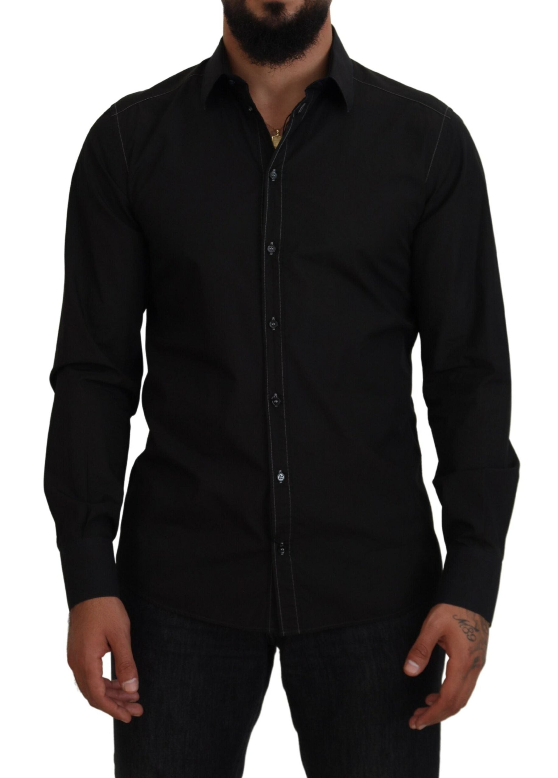 Dolce &amp; Gabbana Black Cotton Collared Long Sleeve GOLD Shirt