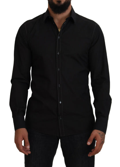 Dolce &amp; Gabbana Black Cotton Collared Long Sleeve GOLD Shirt