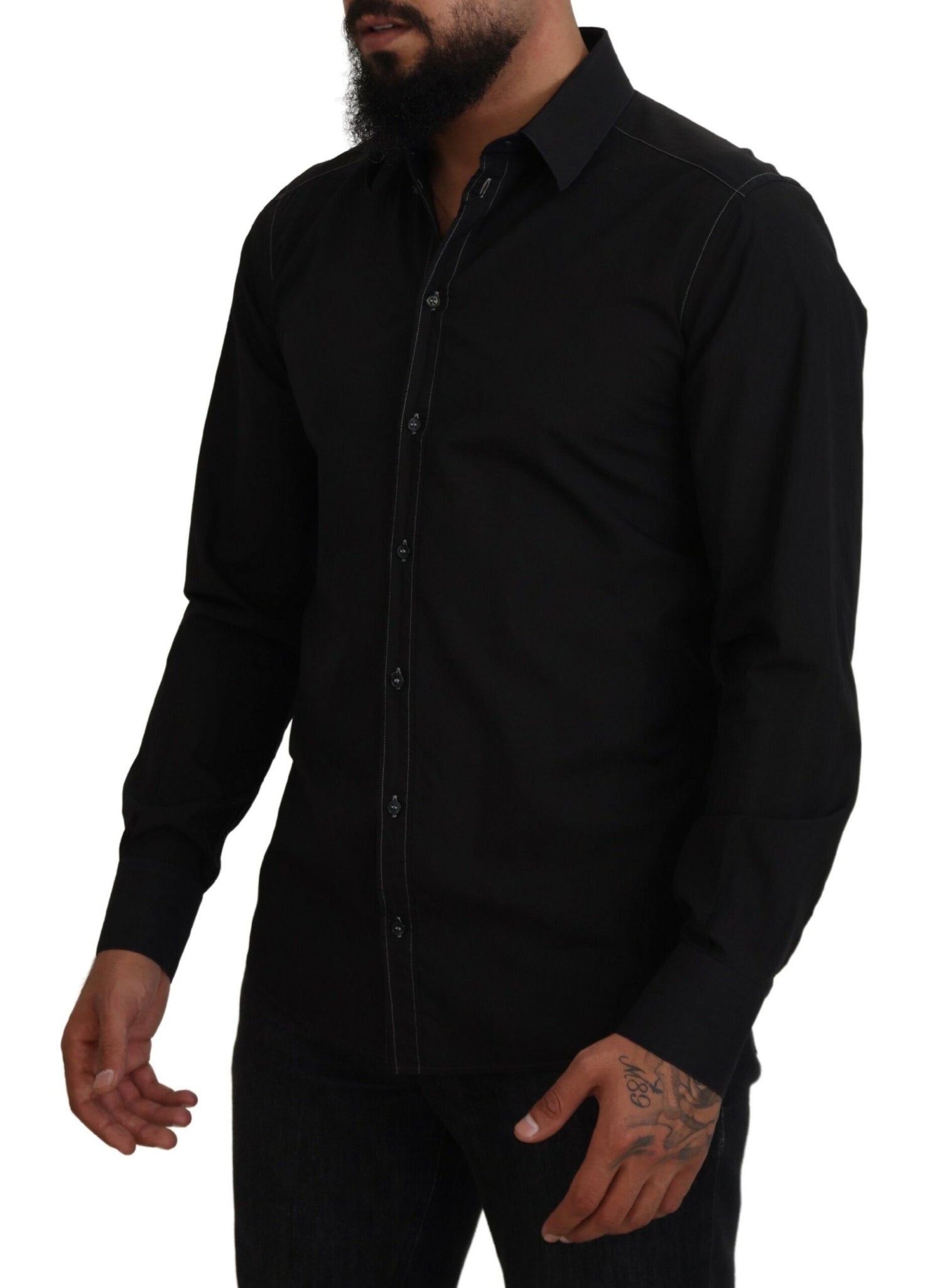 Dolce &amp; Gabbana Black Cotton Collared Long Sleeve GOLD Shirt