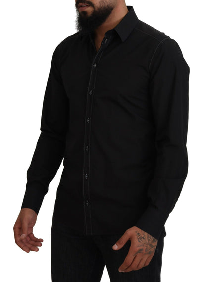 Dolce &amp; Gabbana Black Cotton Collared Long Sleeve GOLD Shirt