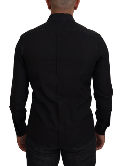 Dolce &amp; Gabbana Black Cotton Collared Long Sleeve GOLD Shirt