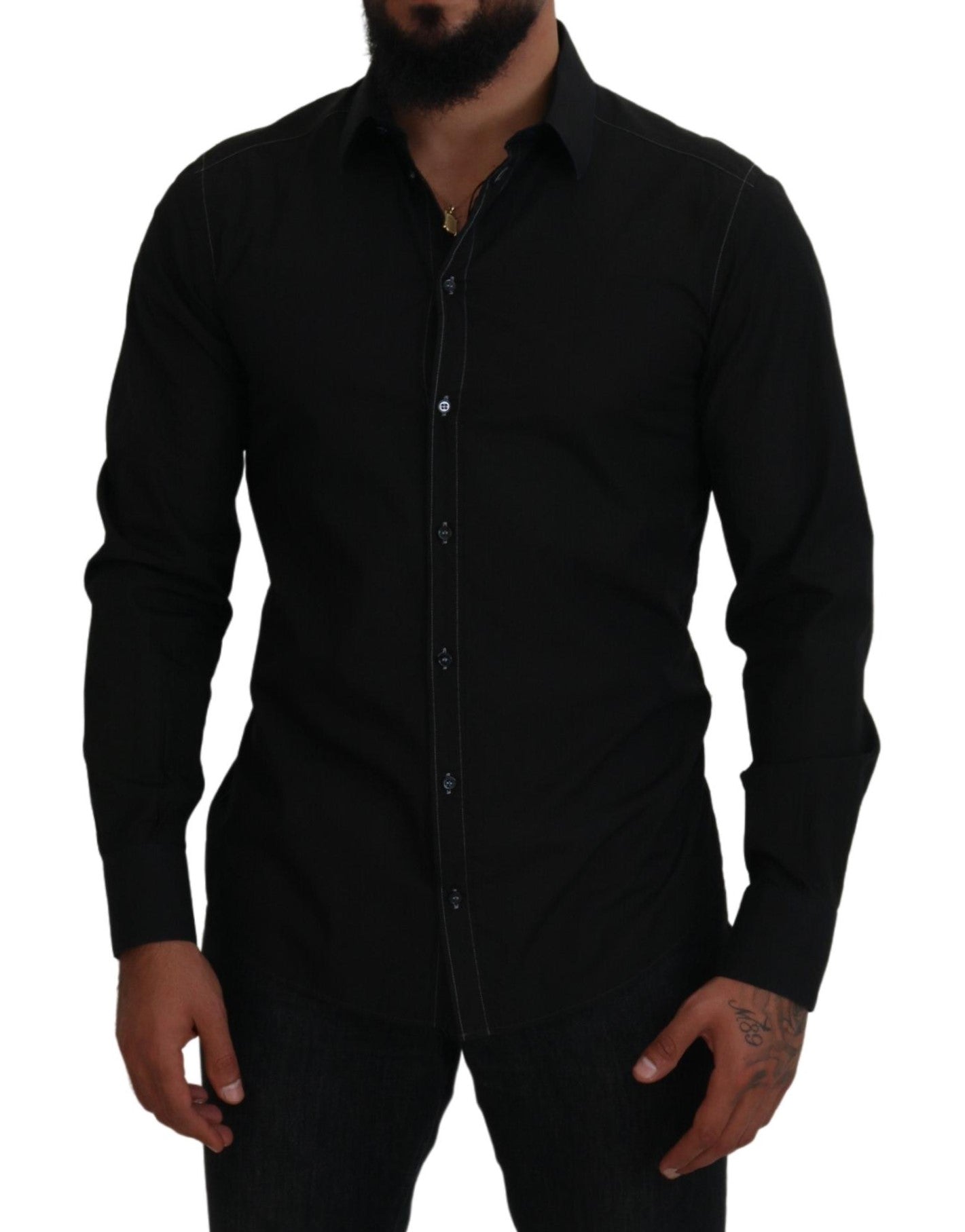 Dolce &amp; Gabbana Black Cotton Collared Long Sleeve GOLD Shirt