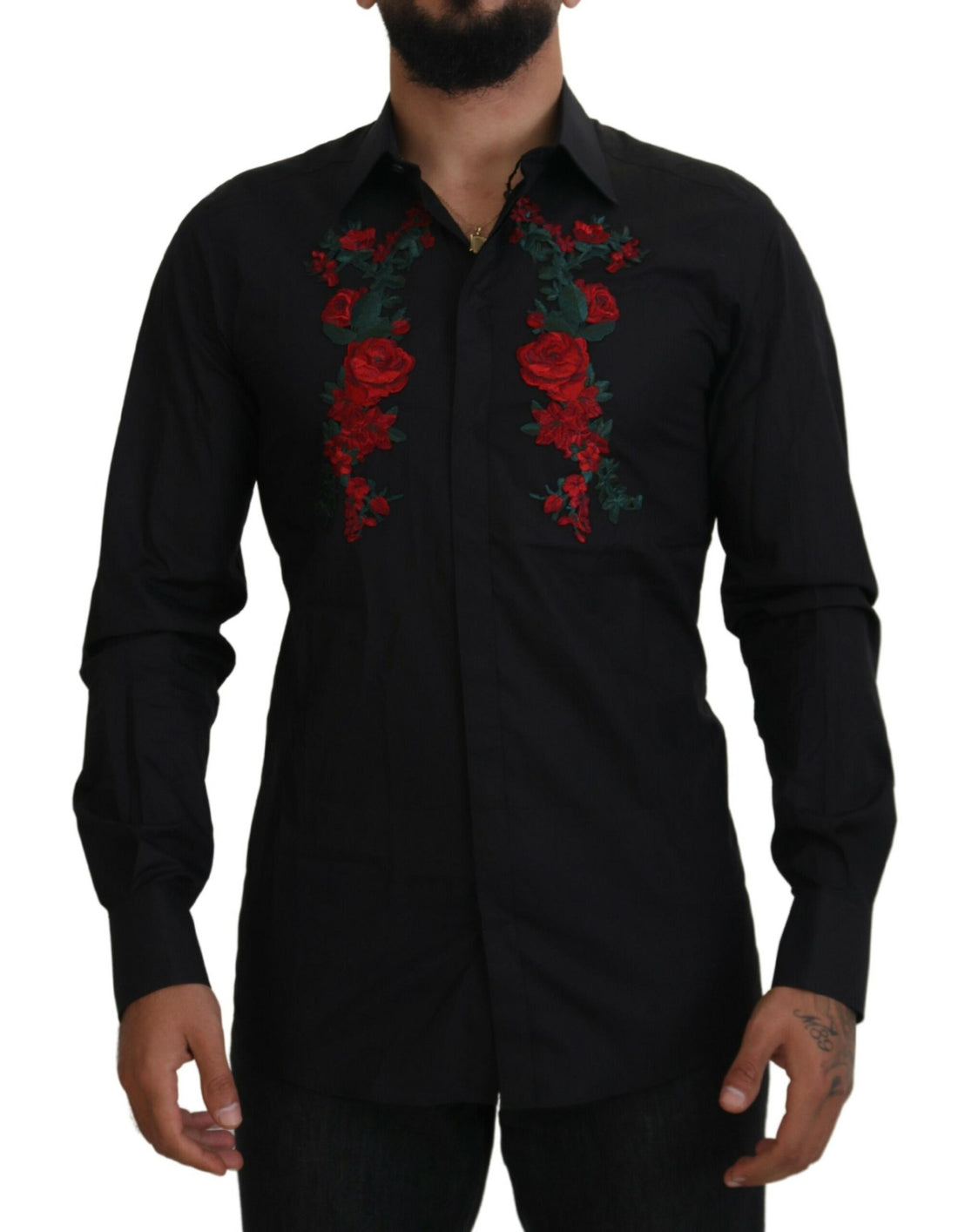 Dolce &amp;amp; Gabbana Svart Blommig Broderi Herr Långärmad GULD Skjorta