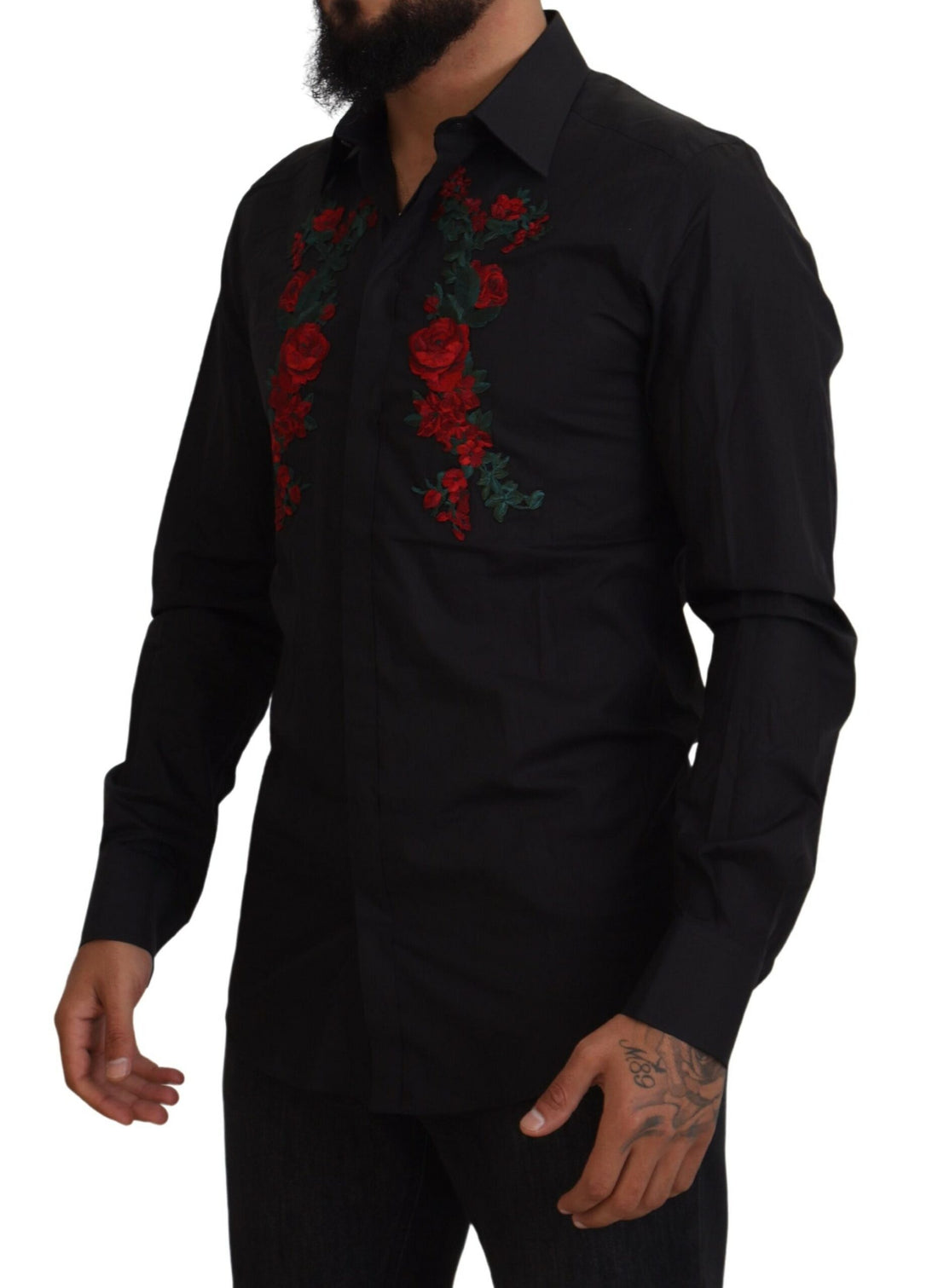 Dolce &amp;amp; Gabbana Svart Blommig Broderi Herr Långärmad GULD Skjorta