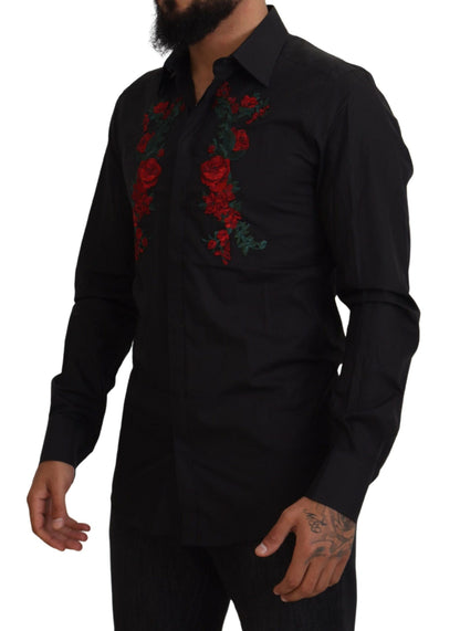 Dolce &amp;amp; Gabbana Svart Blommig Broderi Herr Långärmad GULD Skjorta