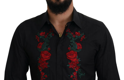 Dolce &amp;amp; Gabbana Svart Blommig Broderi Herr Långärmad GULD Skjorta