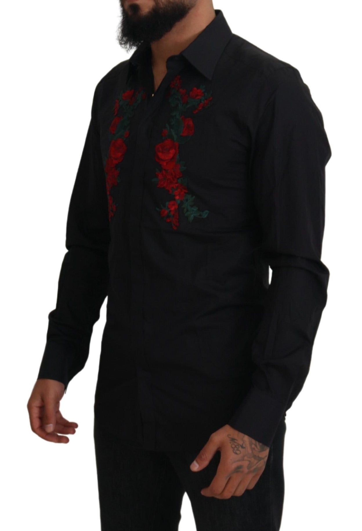 Dolce &amp;amp; Gabbana Svart Blommig Broderi Herr Långärmad GULD Skjorta