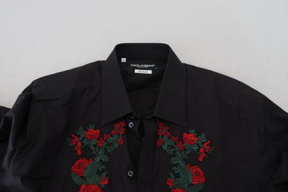 Dolce &amp;amp; Gabbana Svart Blommig Broderi Herr Långärmad GULD Skjorta