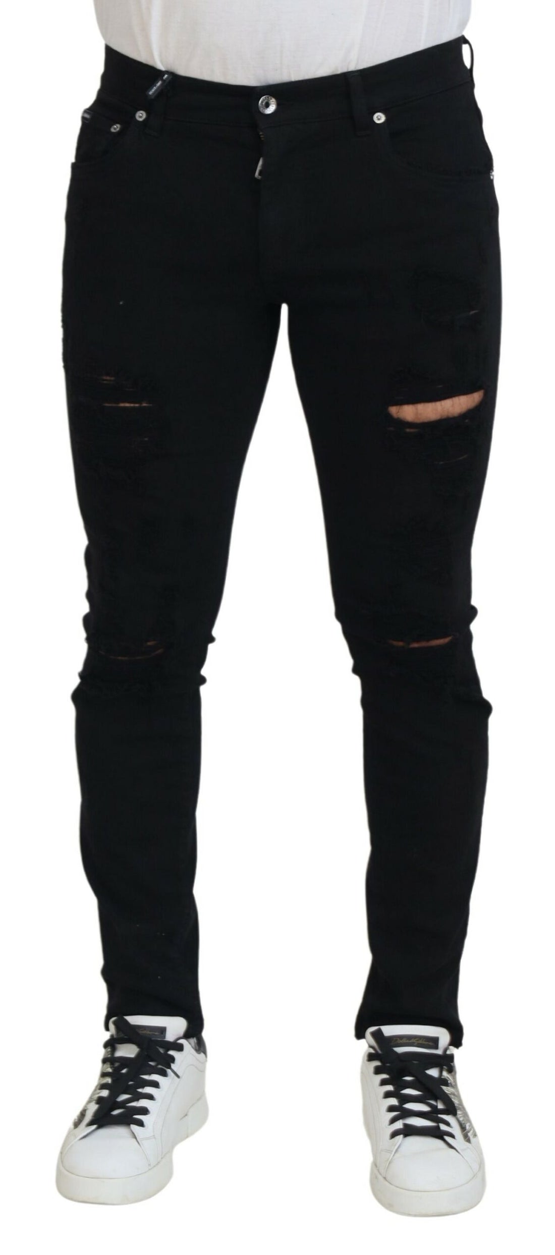 Dolce &amp; Gabbana Black Slim Fit Tattered Denim Cotton Jeans