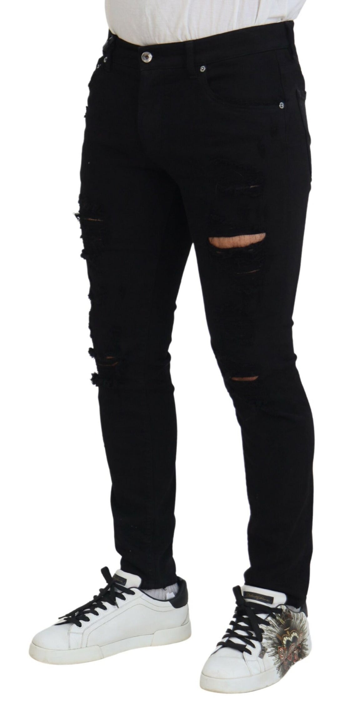 Dolce &amp; Gabbana Black Slim Fit Tattered Denim Cotton Jeans