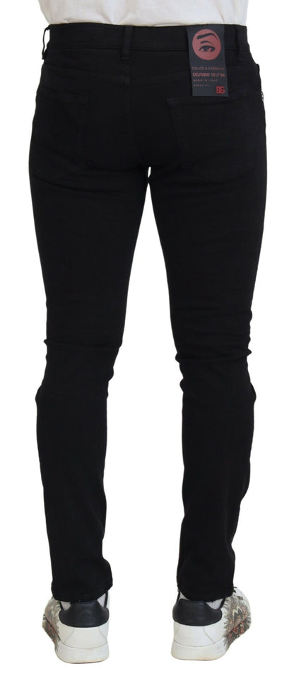 Dolce &amp; Gabbana Black Slim Fit Tattered Denim Cotton Jeans