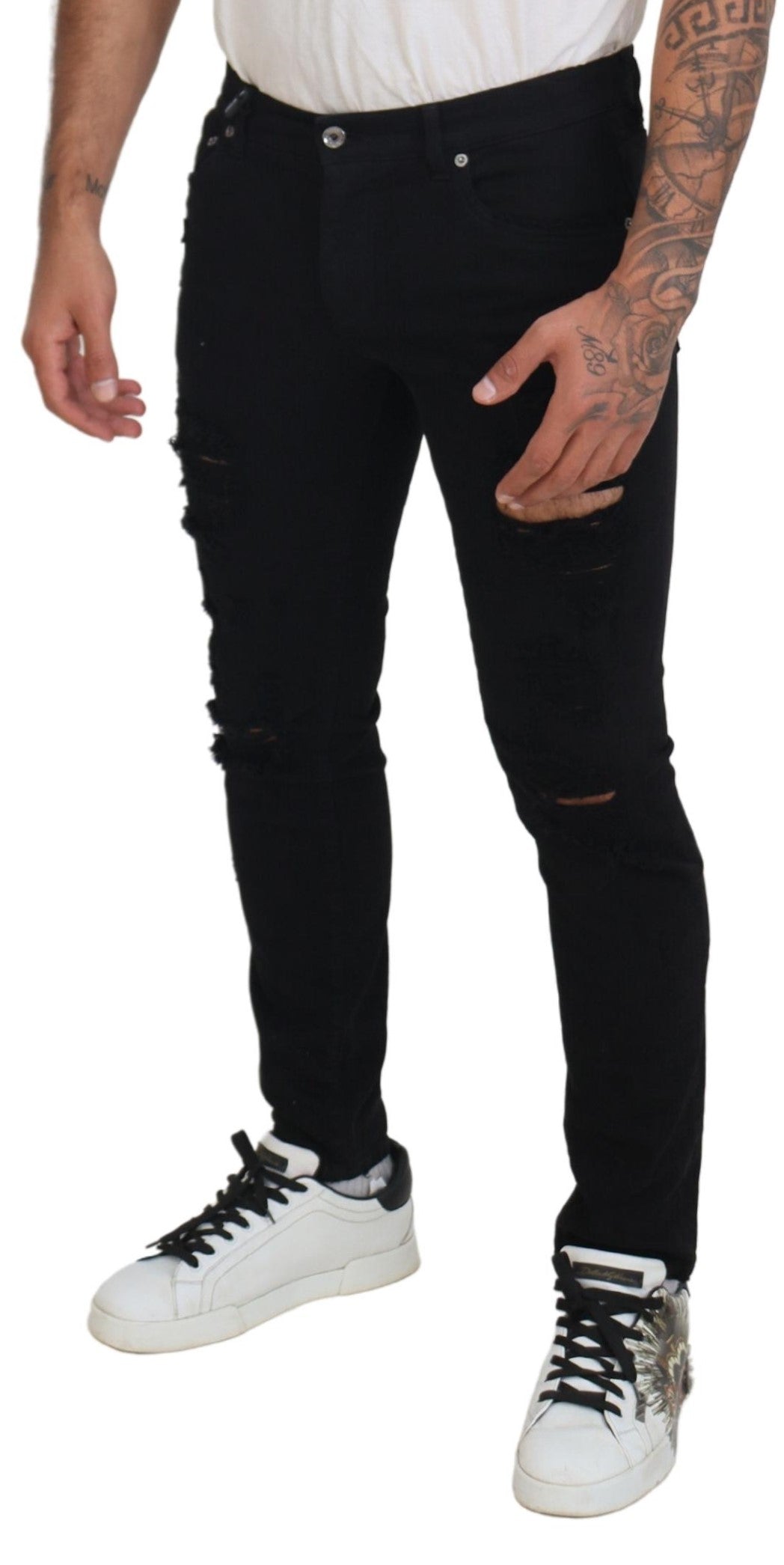 Dolce &amp; Gabbana Black Slim Fit Tattered Denim Cotton Jeans