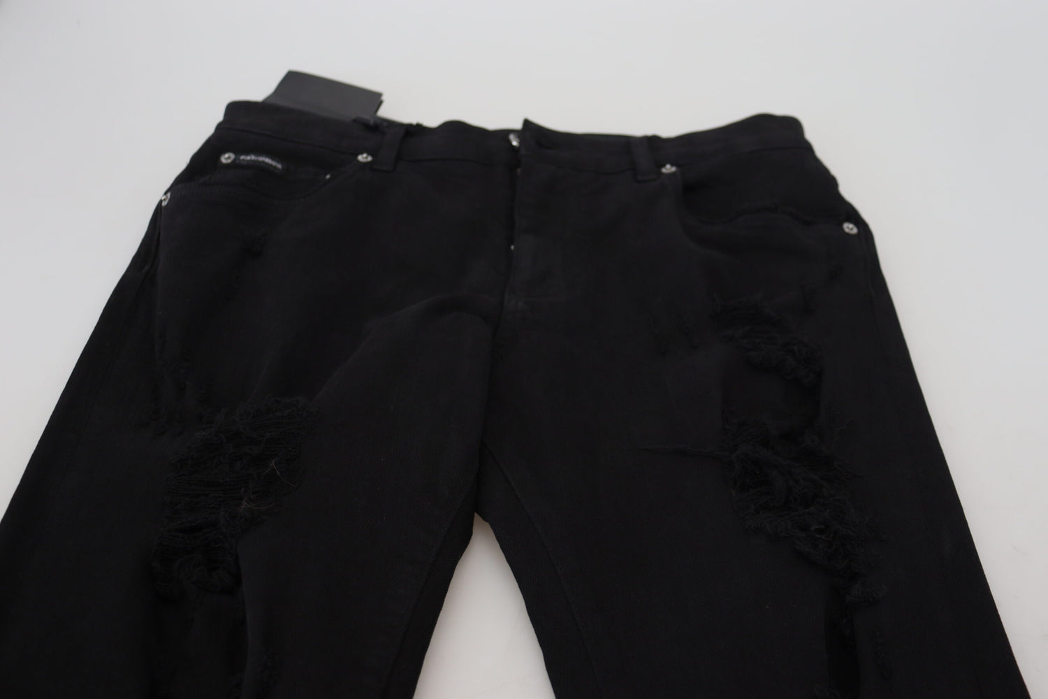 Dolce &amp; Gabbana Black Slim Fit Tattered Denim Cotton Jeans