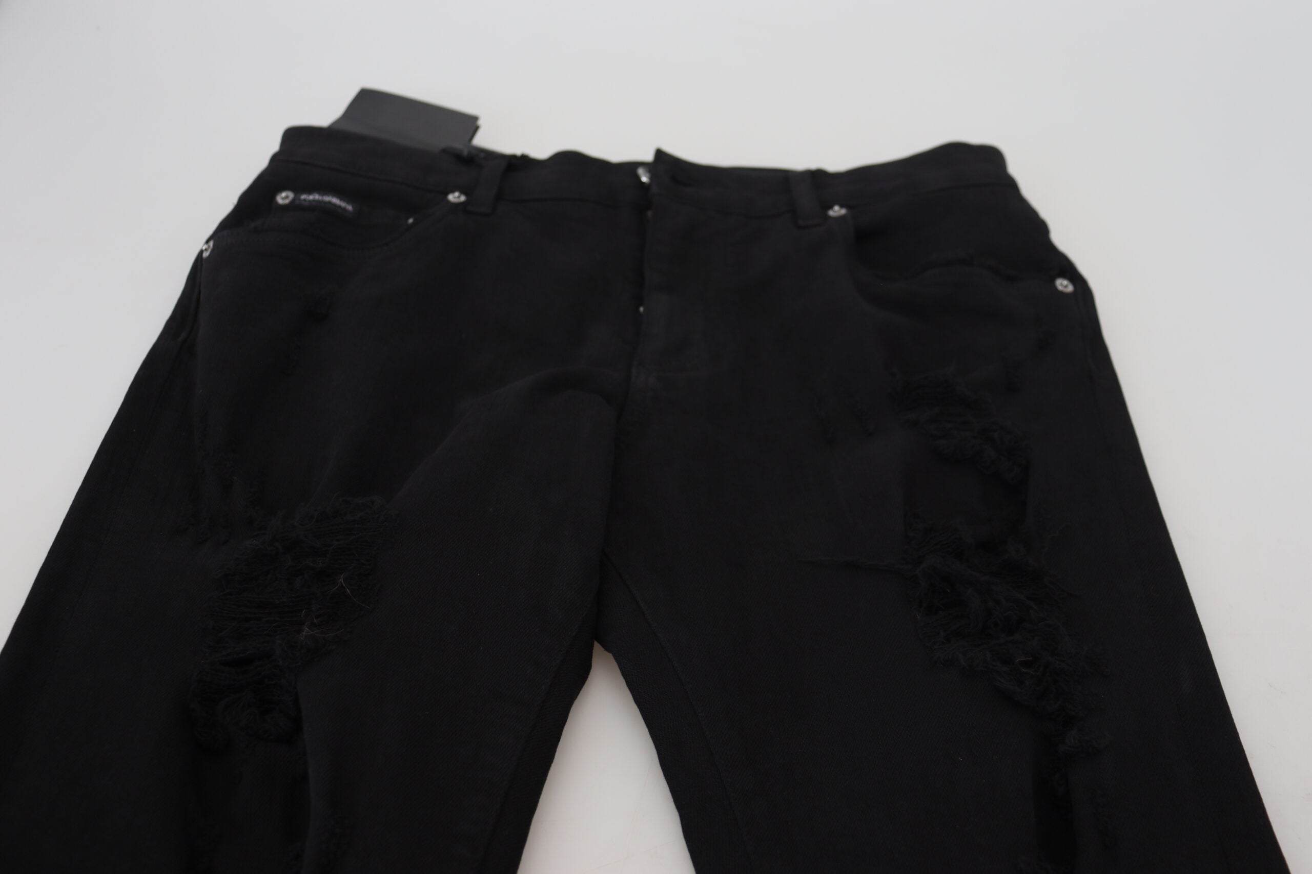 Dolce &amp; Gabbana Black Slim Fit Tattered Denim Cotton Jeans