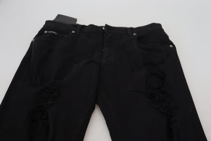 Dolce &amp; Gabbana Black Slim Fit Tattered Denim Cotton Jeans