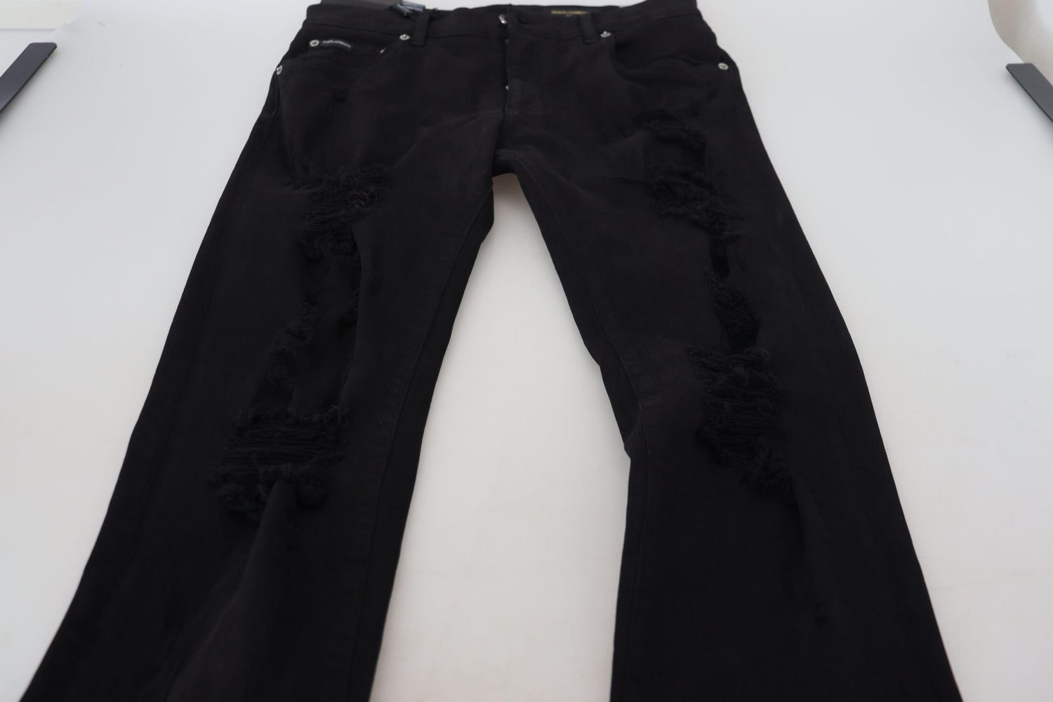 Dolce &amp; Gabbana Black Slim Fit Tattered Denim Cotton Jeans