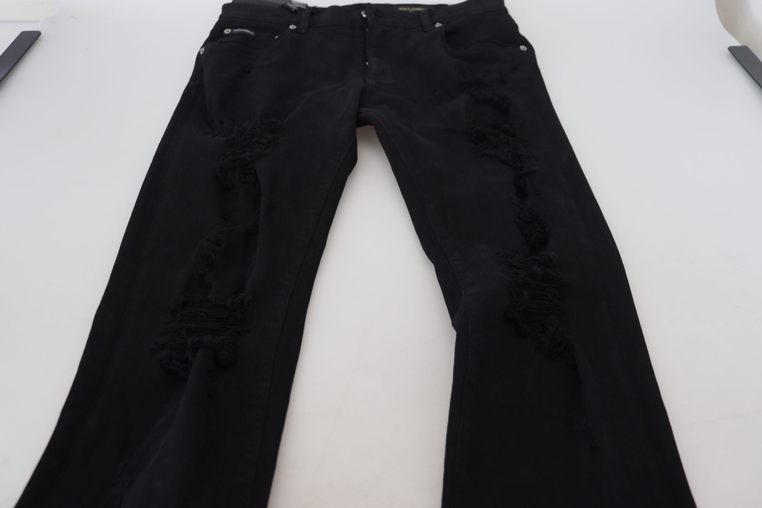 Dolce &amp; Gabbana Black Slim Fit Tattered Denim Cotton Jeans