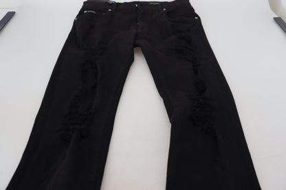 Dolce &amp; Gabbana Black Slim Fit Tattered Denim Cotton Jeans