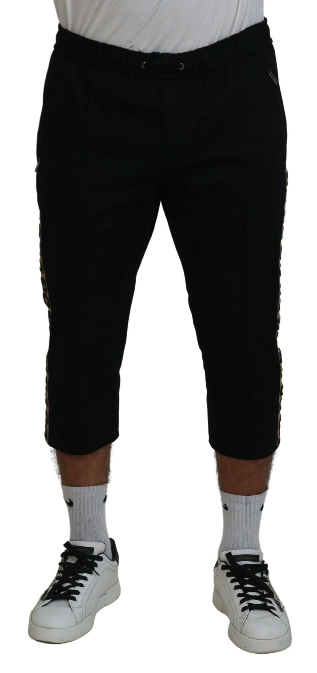 Dolce &amp; Gabbana Black Cotton Elastic Waist DG Logo Cropped Pants