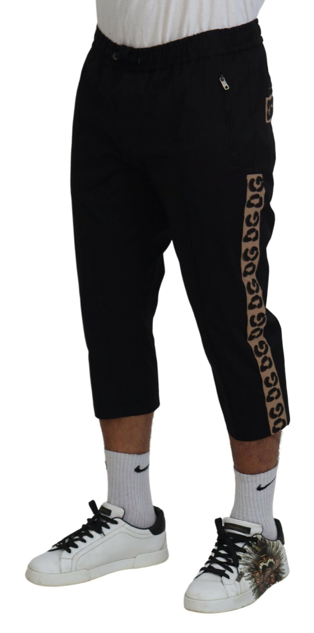 Dolce &amp; Gabbana Black Cotton Elastic Waist DG Logo Cropped Pants
