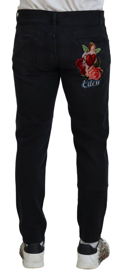 Dolce &amp; Gabbana Black Angel Embroidery Skinny Denim Jeans