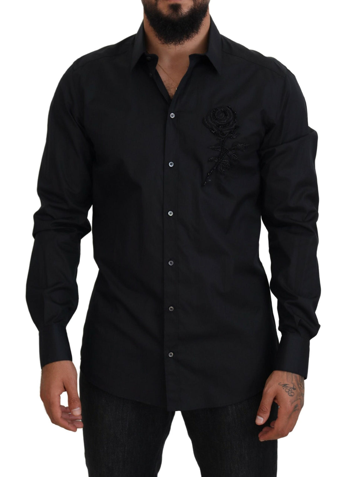 Dolce &amp;amp; Gabbana Black Roses Slim Fit Bomullsskjorta