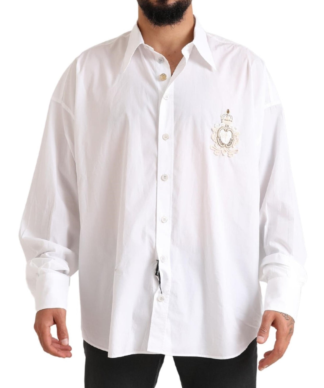Dolce &amp;amp; Gabbana Vit Logotyp Bomull Casual Långärmad Skjorta