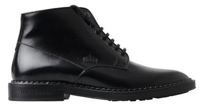Dolce &amp; Gabbana Black Leather Men Short Boots Lace Up Shoes