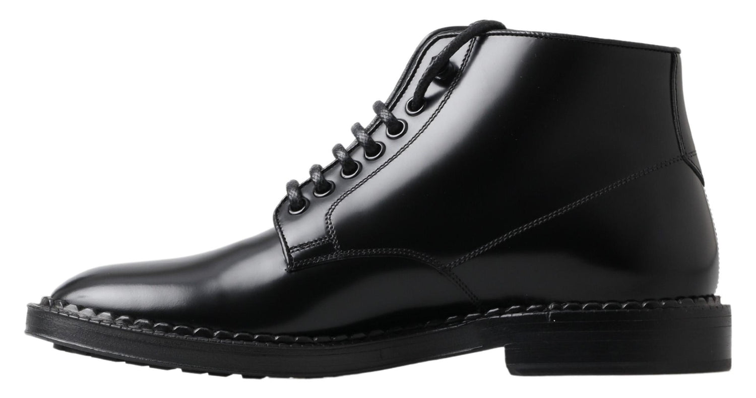 Dolce &amp; Gabbana Black Leather Men Short Boots Lace Up Shoes