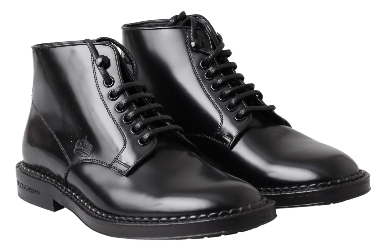 Dolce &amp; Gabbana Black Leather Men Short Boots Lace Up Shoes