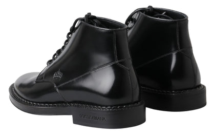 Dolce &amp; Gabbana Black Leather Men Short Boots Lace Up Shoes