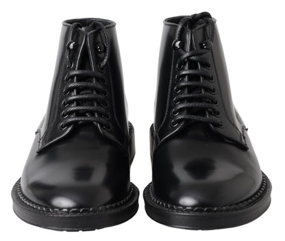 Dolce &amp; Gabbana Black Leather Men Short Boots Lace Up Shoes