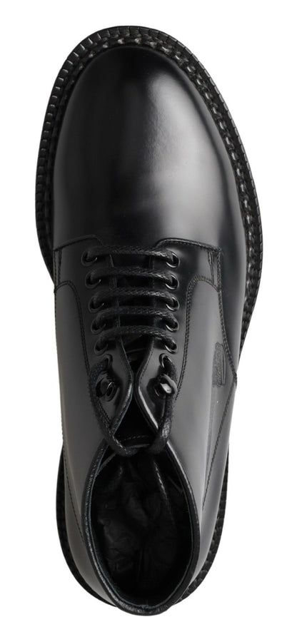 Dolce &amp; Gabbana Black Leather Men Short Boots Lace Up Shoes