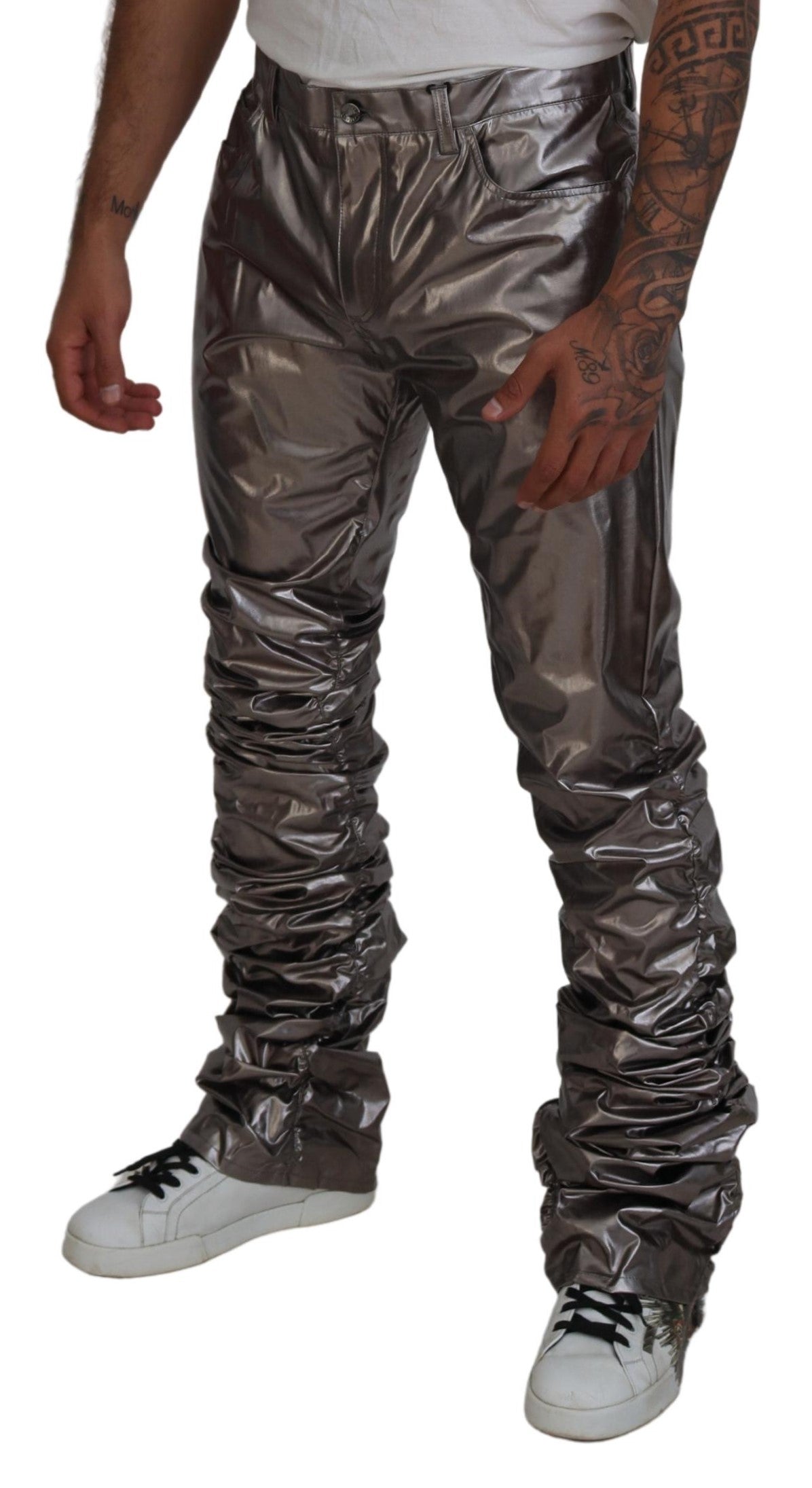 Dolce &amp; Gabbana Silver Metallic Nylon Stretch Pants