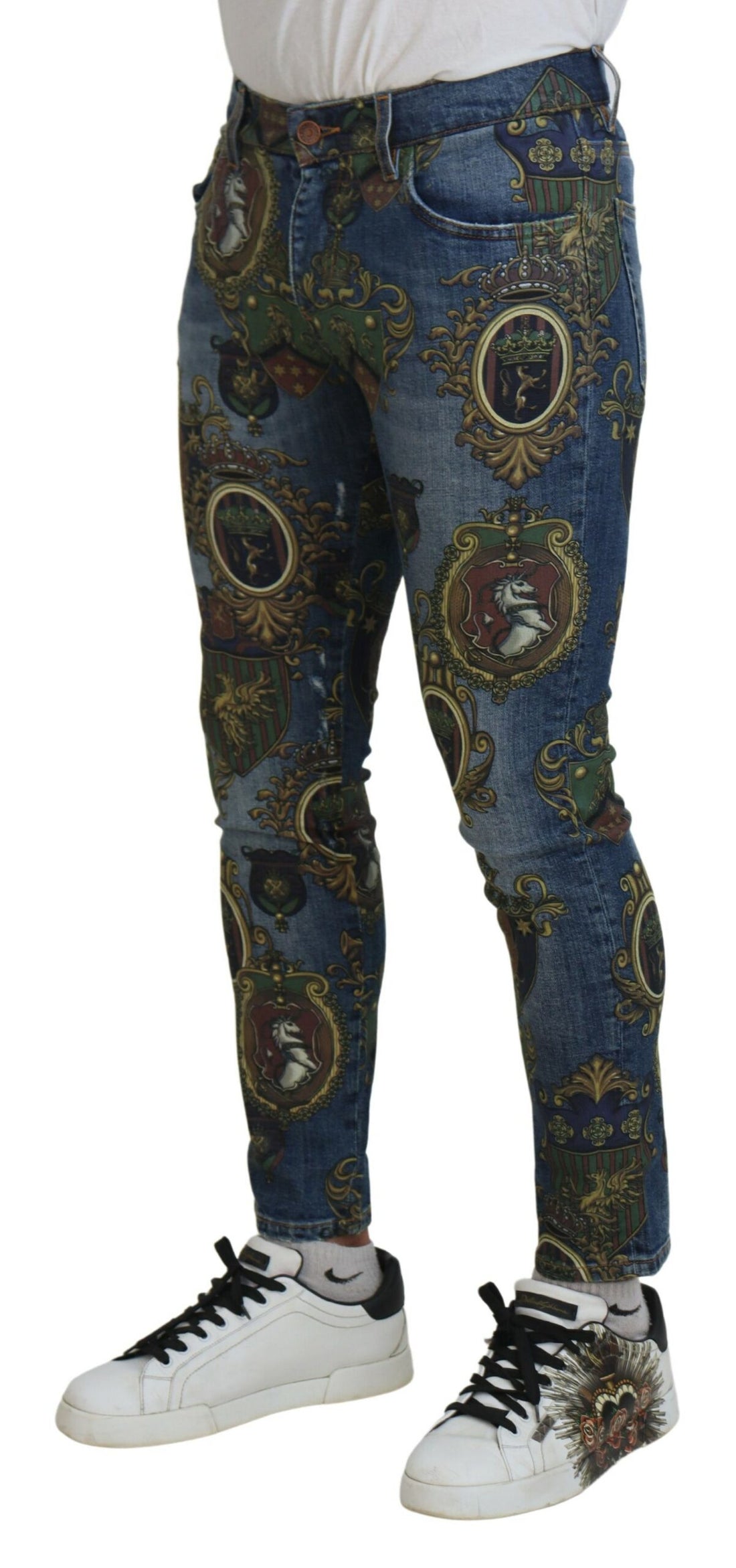Dolce &amp;amp; Gabbana Blå Medaljtryck Slim Fit Bomullsjeans
