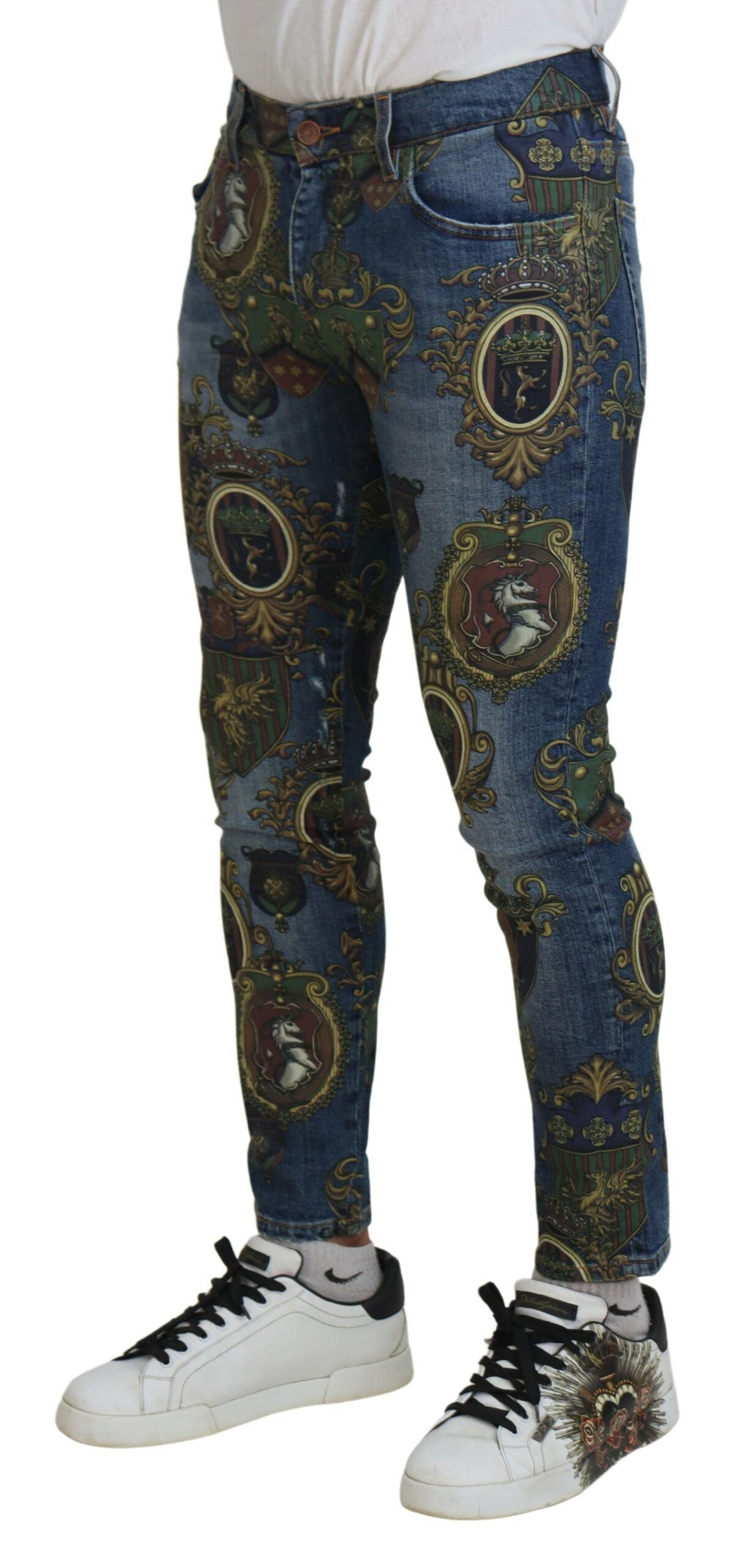 Dolce &amp; Gabbana Blue Medal Print Slim Fit Cotton Jeans