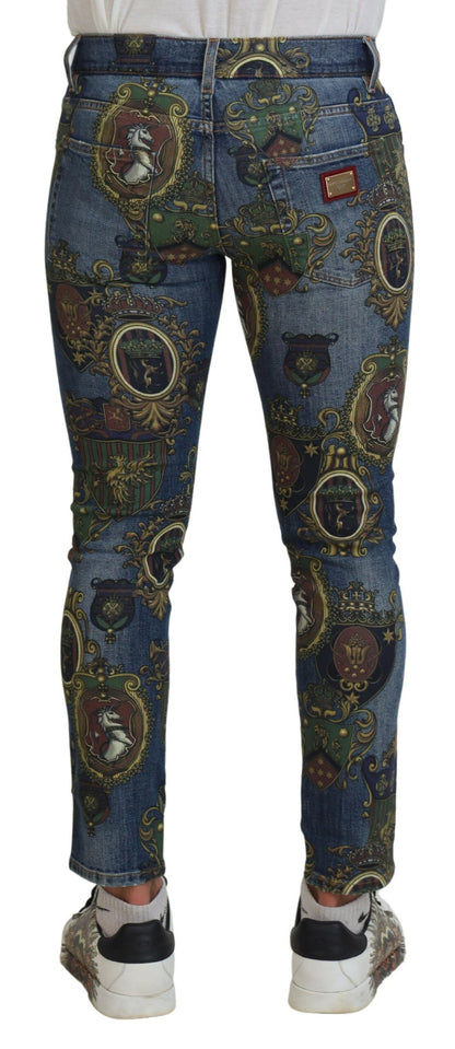 Dolce &amp; Gabbana Blue Medal Print Slim Fit Cotton Jeans
