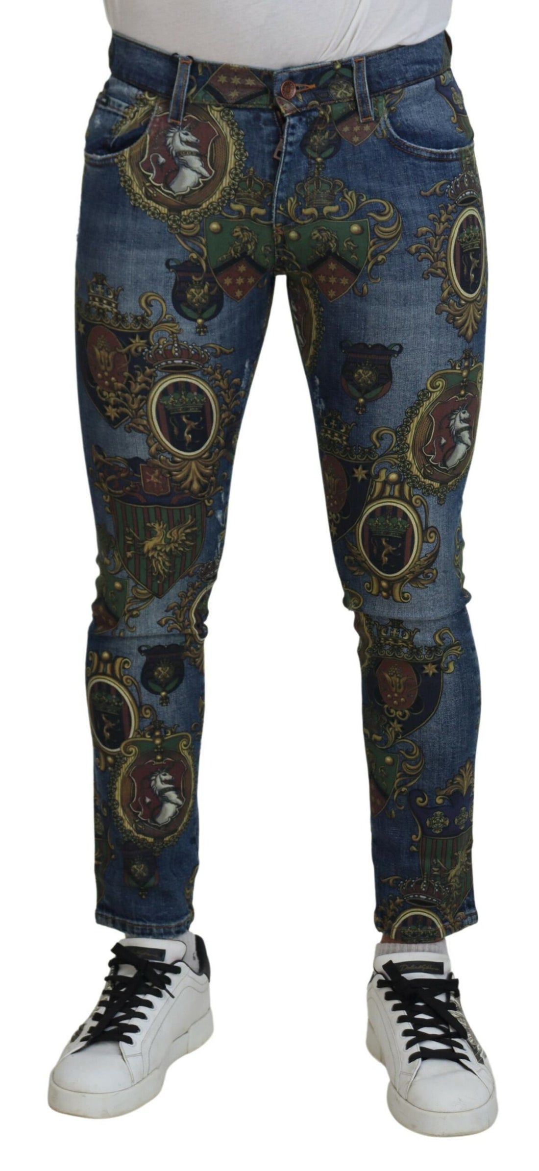 Dolce &amp;amp; Gabbana Blå Medaljtryck Slim Fit Bomullsjeans