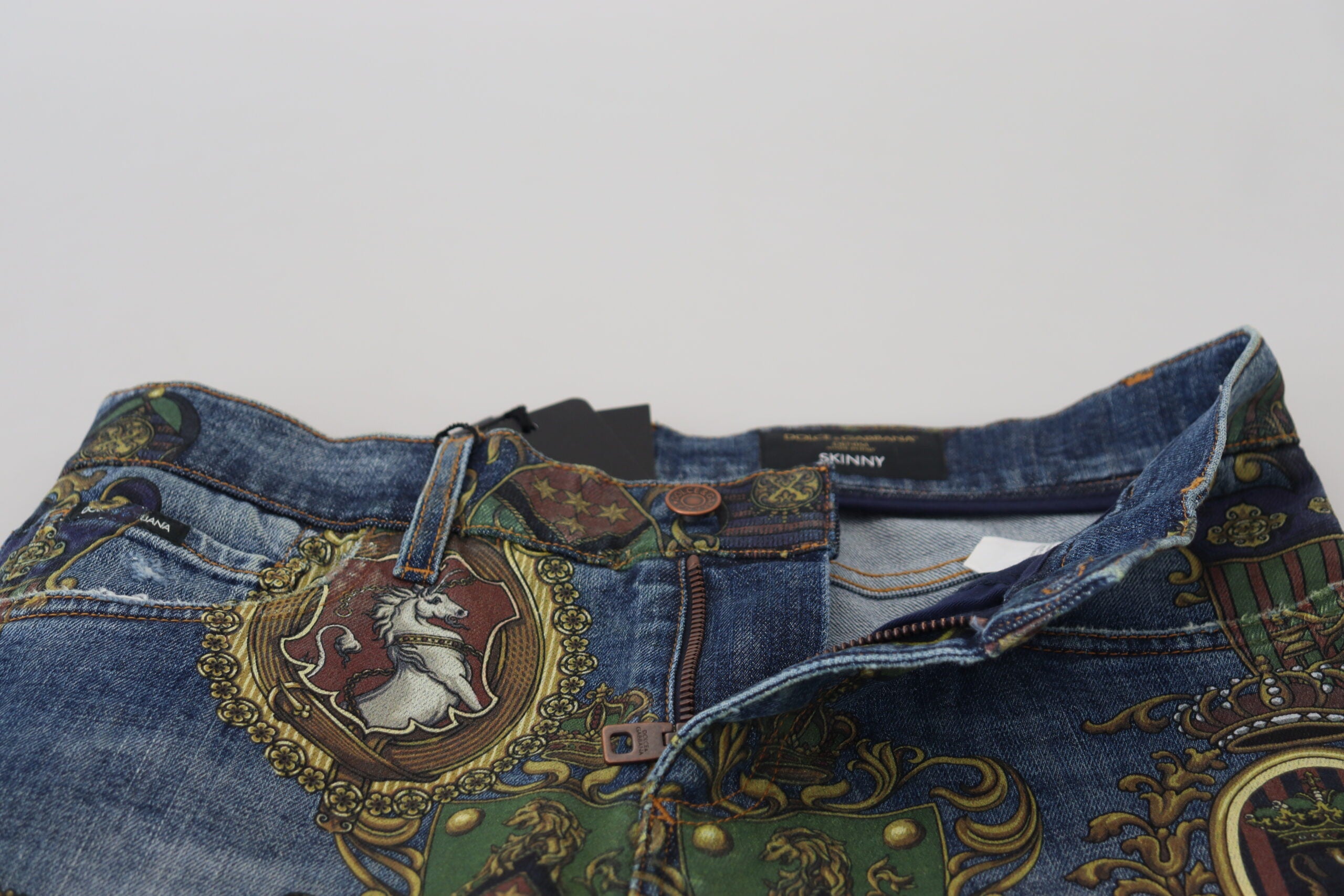 Dolce &amp; Gabbana Blue Medal Print Slim Fit Cotton Jeans