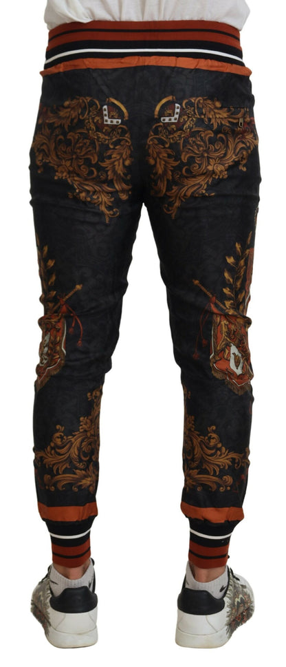 Dolce &amp; Gabbana Gray Silk Baroque Crown Trousers Sport Pants