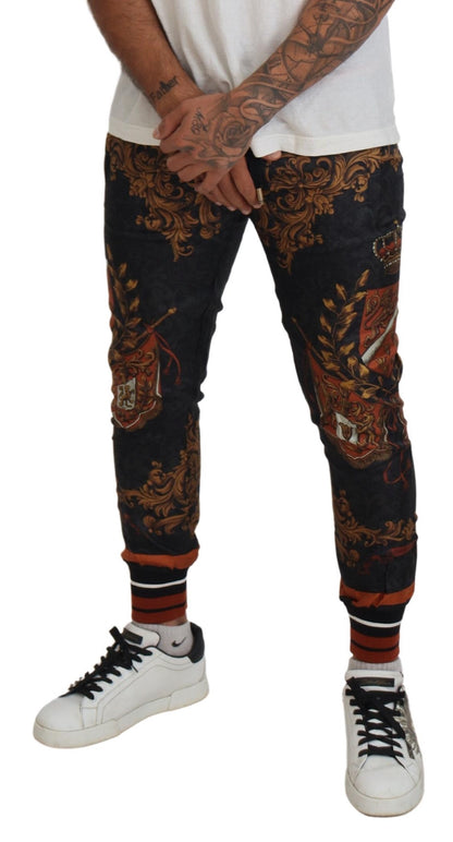 Dolce &amp; Gabbana Gray Silk Baroque Crown Trousers Sport Pants