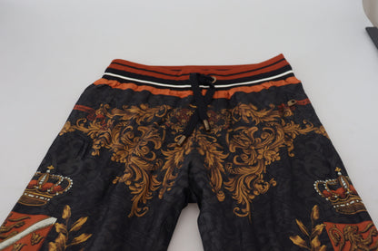 Dolce &amp; Gabbana Gray Silk Baroque Crown Trousers Sport Pants