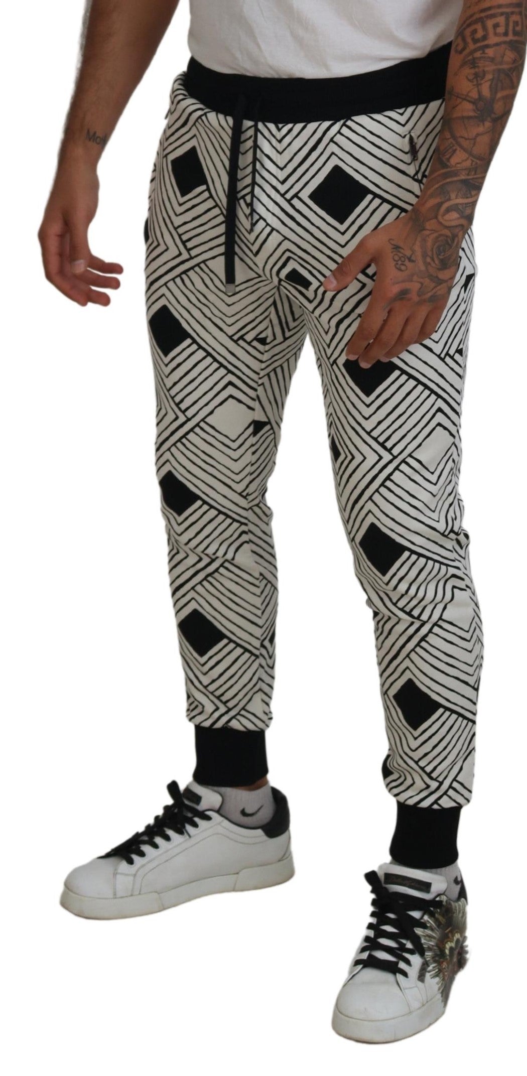 Dolce &amp; Gabbana Black White Cotton Trousers Sport Pants