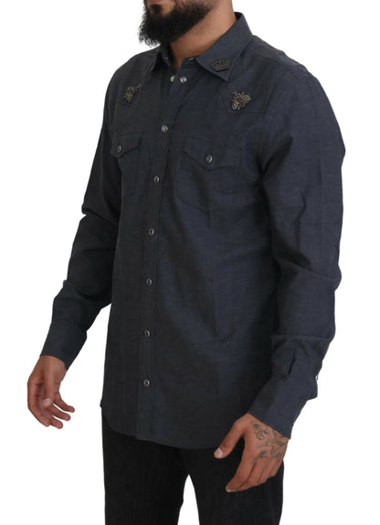 Dolce &amp;amp; Gabbana Blå Bomullsdenimskjorta med Kristallbi