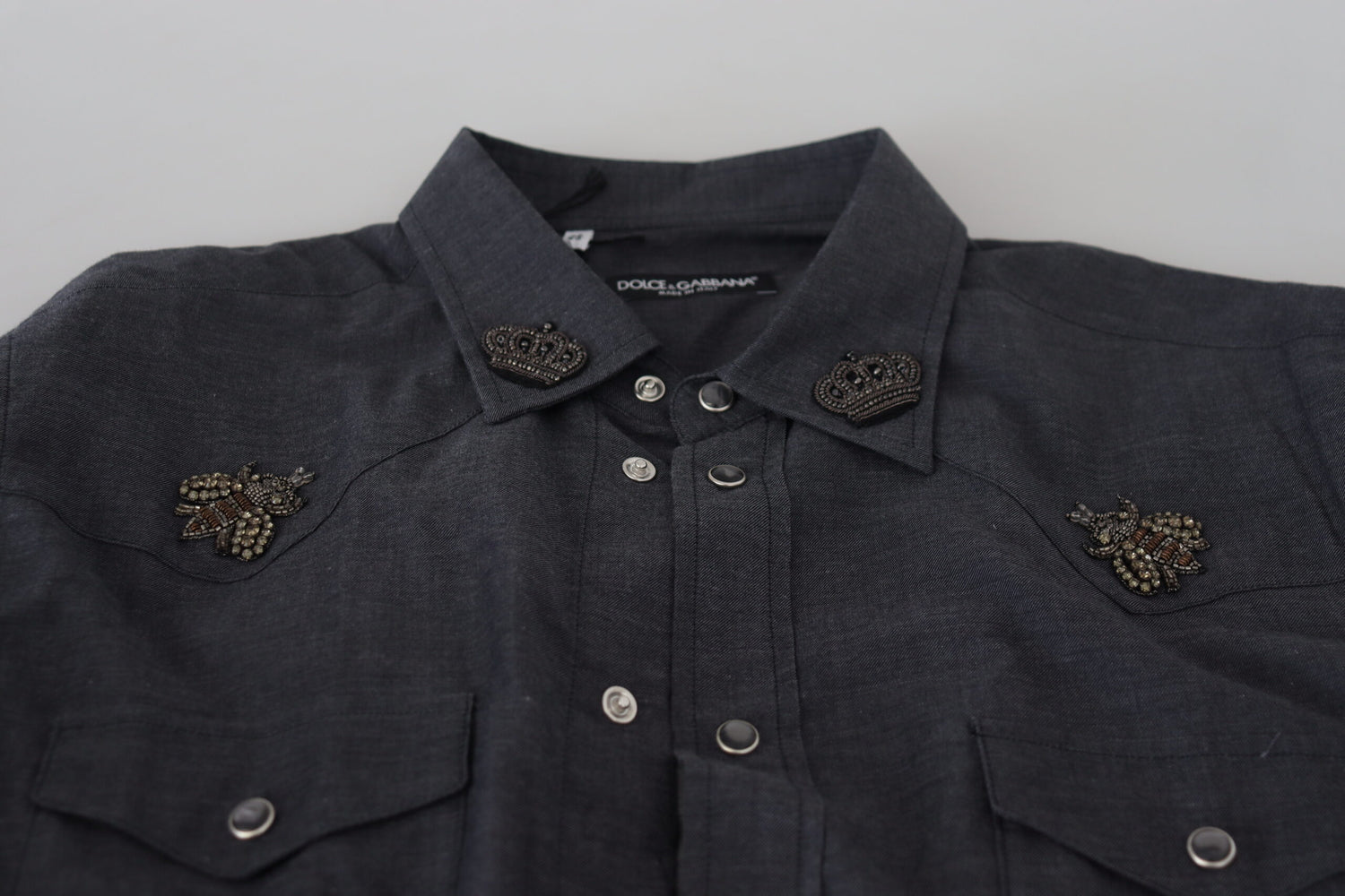 Dolce &amp;amp; Gabbana Blå Bomullsdenimskjorta med Kristallbi