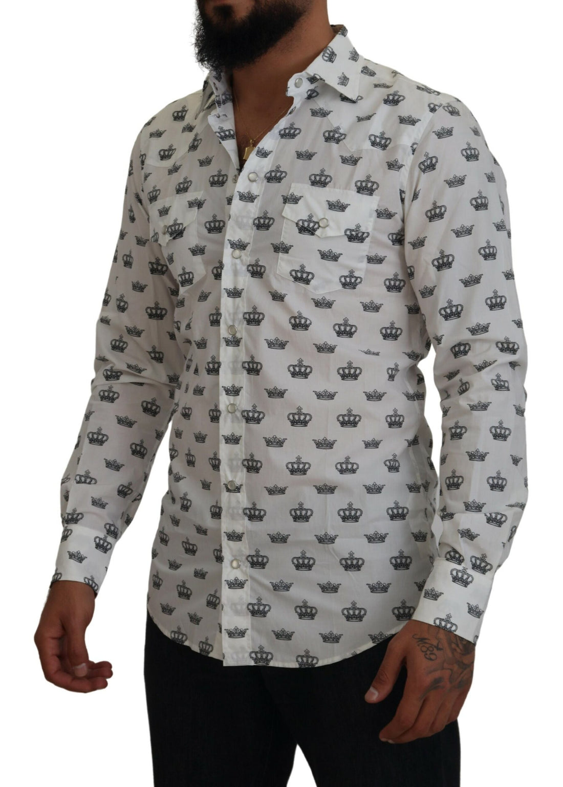 Dolce &amp;amp; Gabbana Vit Kronmönstrad Slim Fit Bomullsskjorta