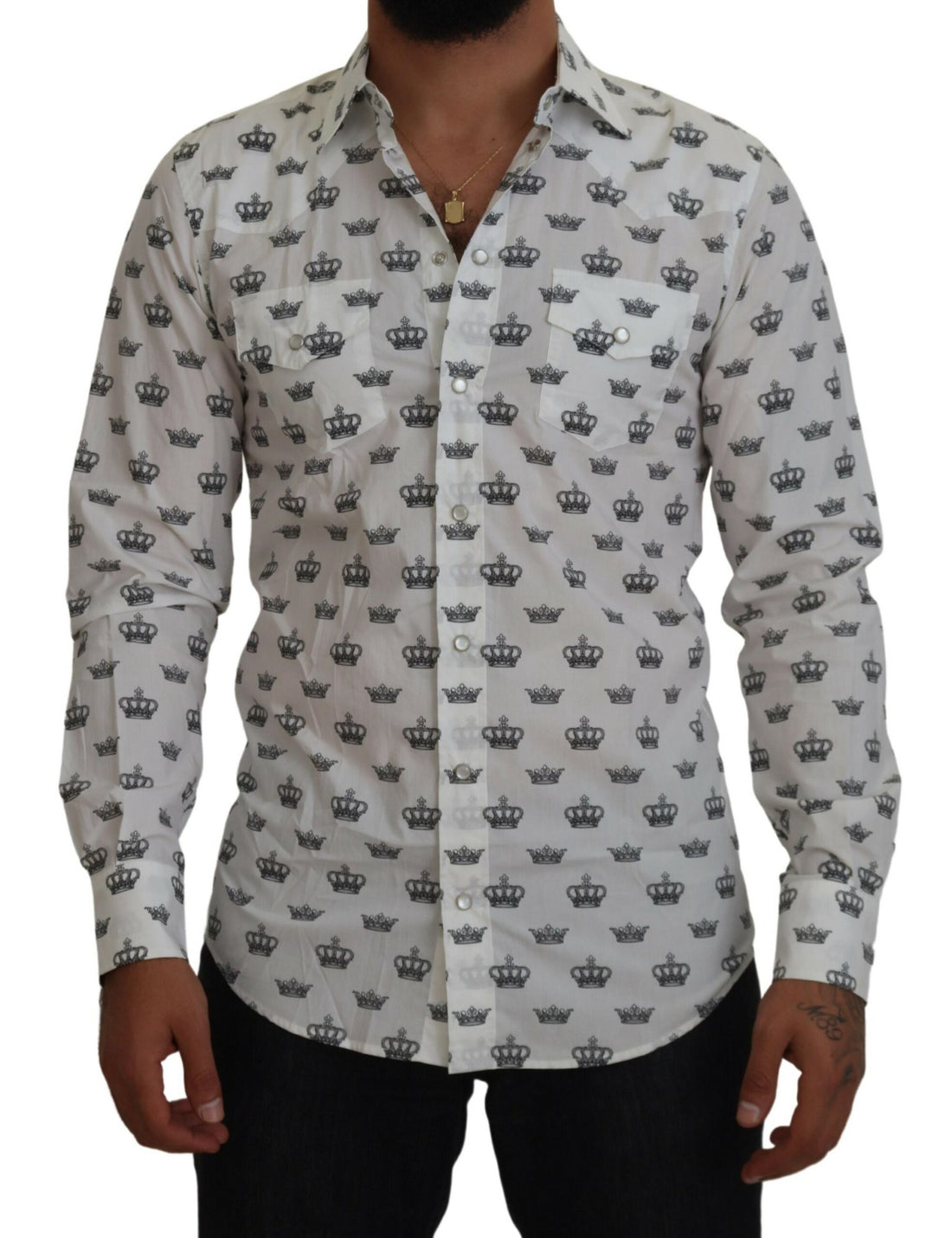 Dolce &amp;amp; Gabbana Vit Kronmönstrad Slim Fit Bomullsskjorta