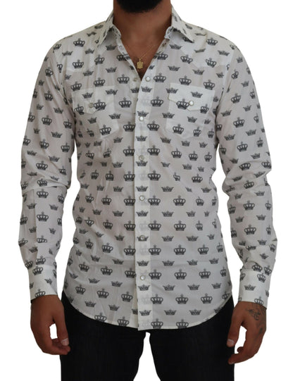 Dolce &amp;amp; Gabbana Vit Kronmönstrad Slim Fit Bomullsskjorta
